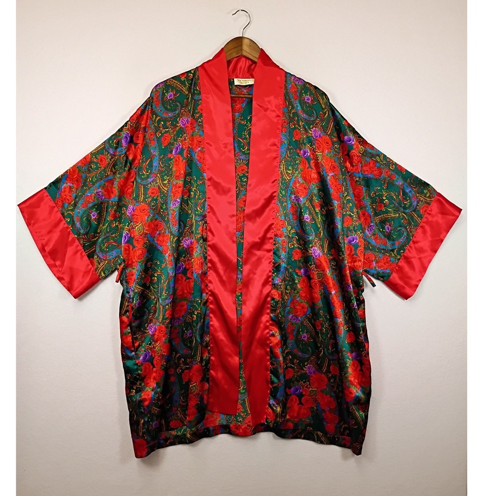 Vintage Victoria's Secret Women OS Red Green Floral Paisley Satin Kimono Robe